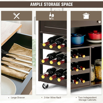 Rolling Kitchen Island Cart with Rubber Wood Top, Wine Rack, Drawer and Storage Cabinets - Brown