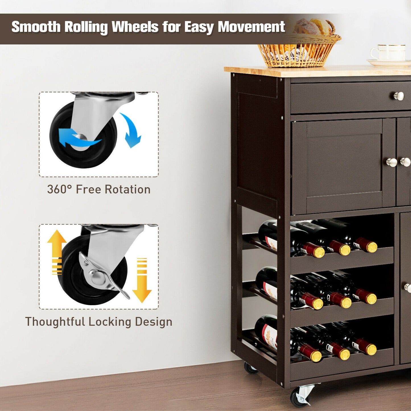 Rolling Kitchen Island Cart with Rubber Wood Top, Wine Rack, Drawer and Storage Cabinets - Brown