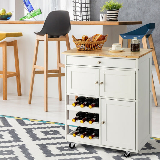 Rolling Kitchen Island Cart with Rubber Wood Top, Wine Rack, Drawer and Storage Cabinets - White