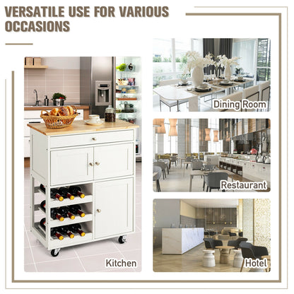 Rolling Kitchen Island Cart with Rubber Wood Top, Wine Rack, Drawer and Storage Cabinets - White