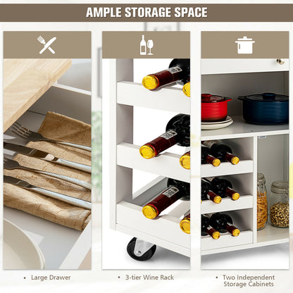 Kitchen storage cart with large drawer, wine rack, and storage cabinets.