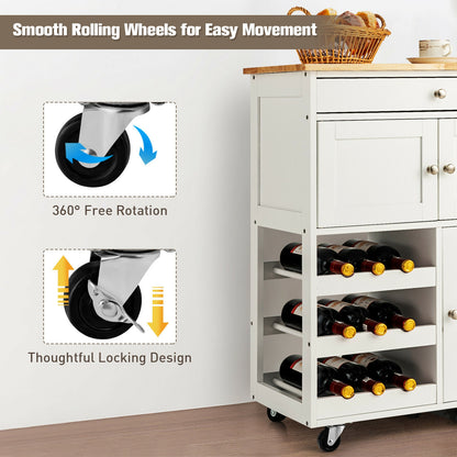 Rolling Kitchen Island Cart with Rubber Wood Top, Wine Rack, Drawer and Storage Cabinets - White