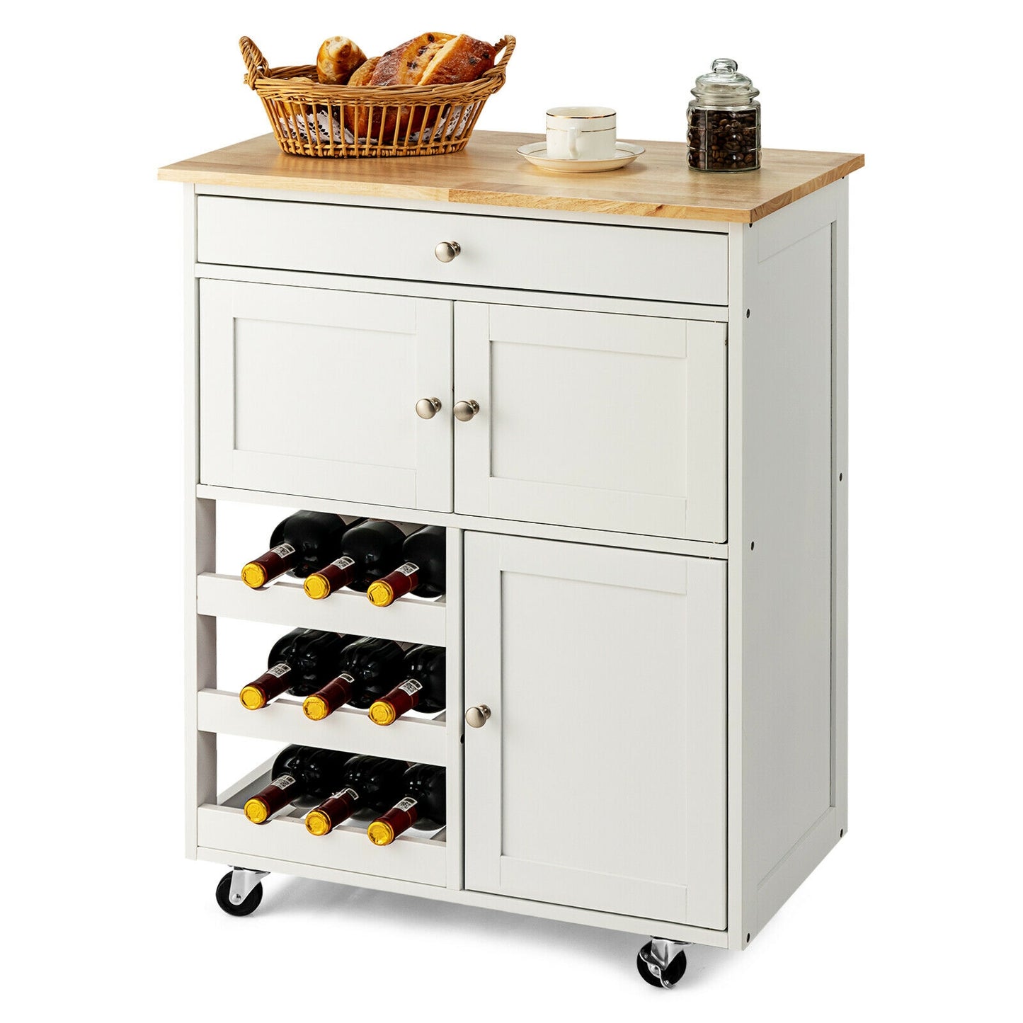 Rolling Kitchen Island Cart with Rubber Wood Top, Wine Rack, Drawer and Storage Cabinets - White