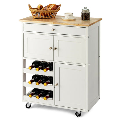 Rolling Kitchen Island Cart with Rubber Wood Top, Wine Rack, Drawer and Storage Cabinets - White