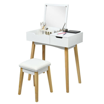 Wooden Vanity Table Set with Flip Top Mirror, Storage Drawer & Cushioned Stool