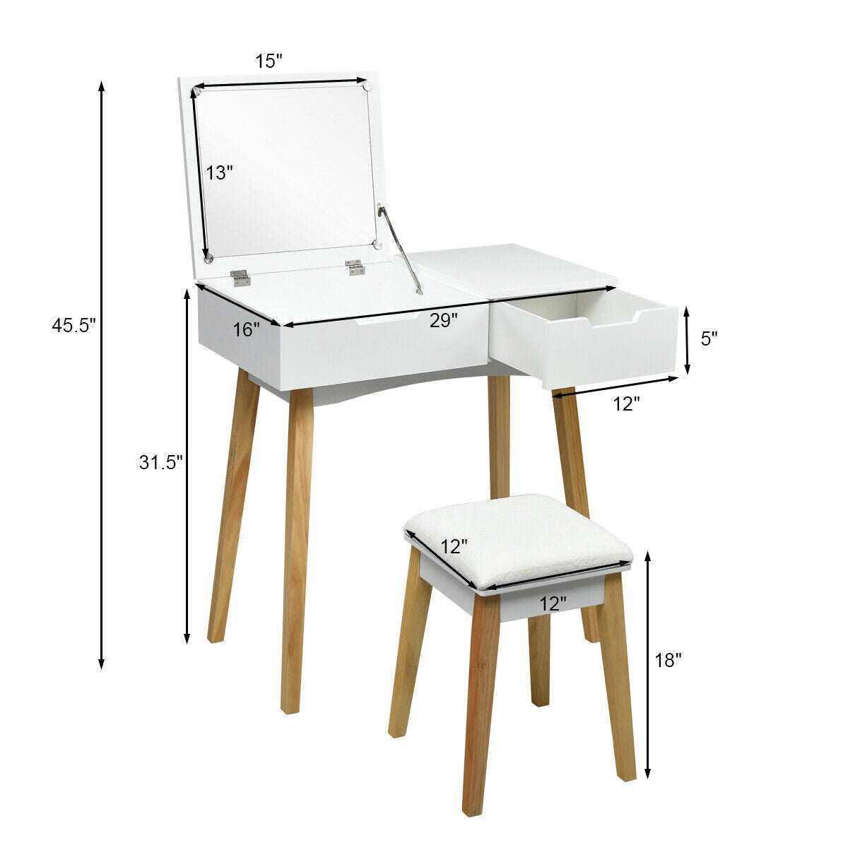 Wooden Vanity Table Set with Flip Top Mirror, Storage Drawer & Cushioned Stool
