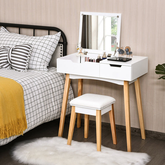 Wooden Vanity Table Set with Flip Top Mirror, Storage Drawer & Cushioned Stool