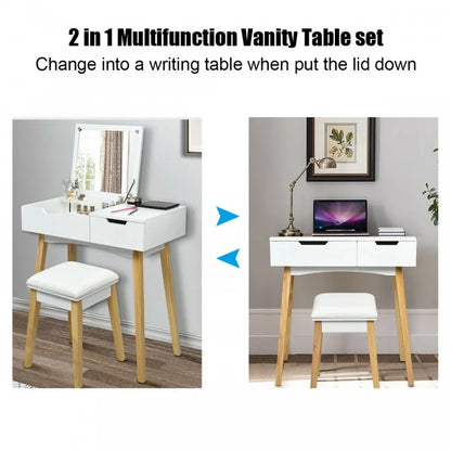 Wooden Vanity Table Set with Flip Top Mirror, Storage Drawer & Cushioned Stool