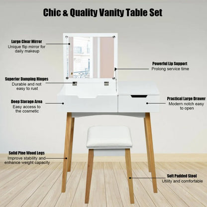 Wooden Vanity Table Set with Flip Top Mirror, Storage Drawer & Cushioned Stool