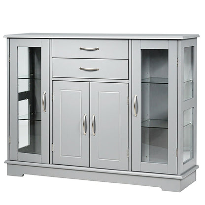 Modern Sideboard Buffet Cabinet with Drawers and Glass Doors for Kitchen or Dining Room Storage in Grey
