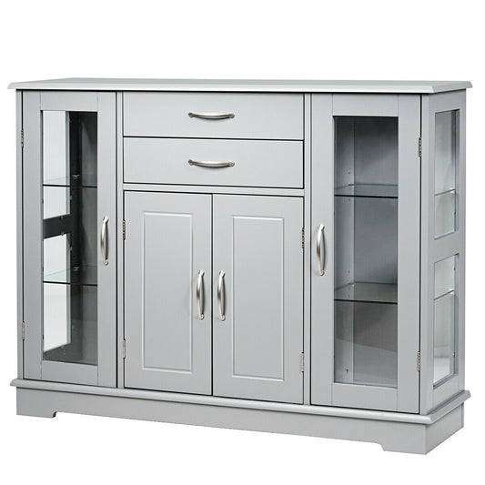 Modern Sideboard Buffet Cabinet with Drawers and Glass Doors for Kitchen or Dining Room Storage in Grey