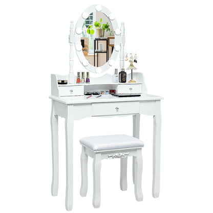 Vanity Set with Oval LED Mirror, 10 Dimmable Bulbs, Stool and 3 Drawers