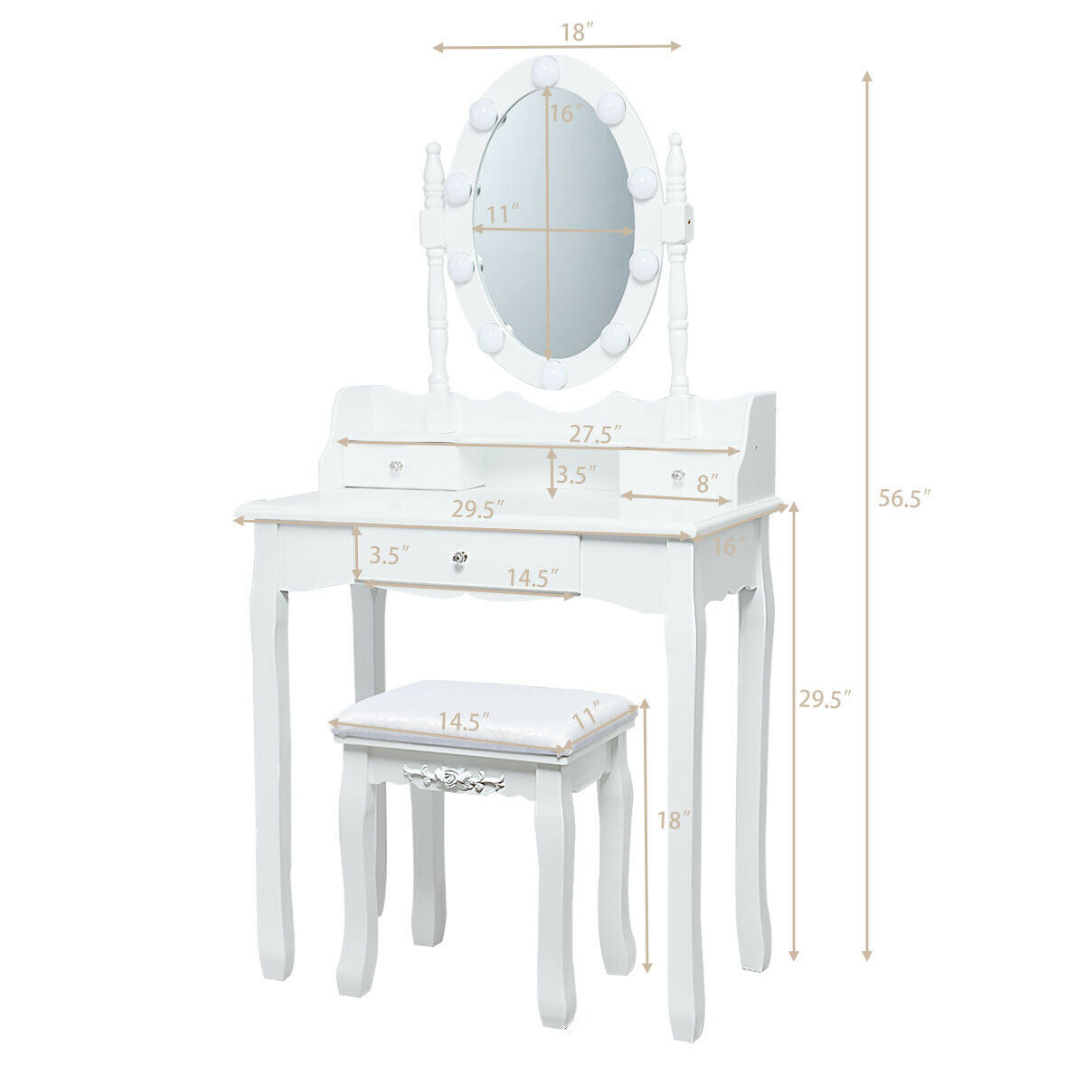 Vanity Set with Oval LED Mirror, 10 Dimmable Bulbs, Stool and 3 Drawers