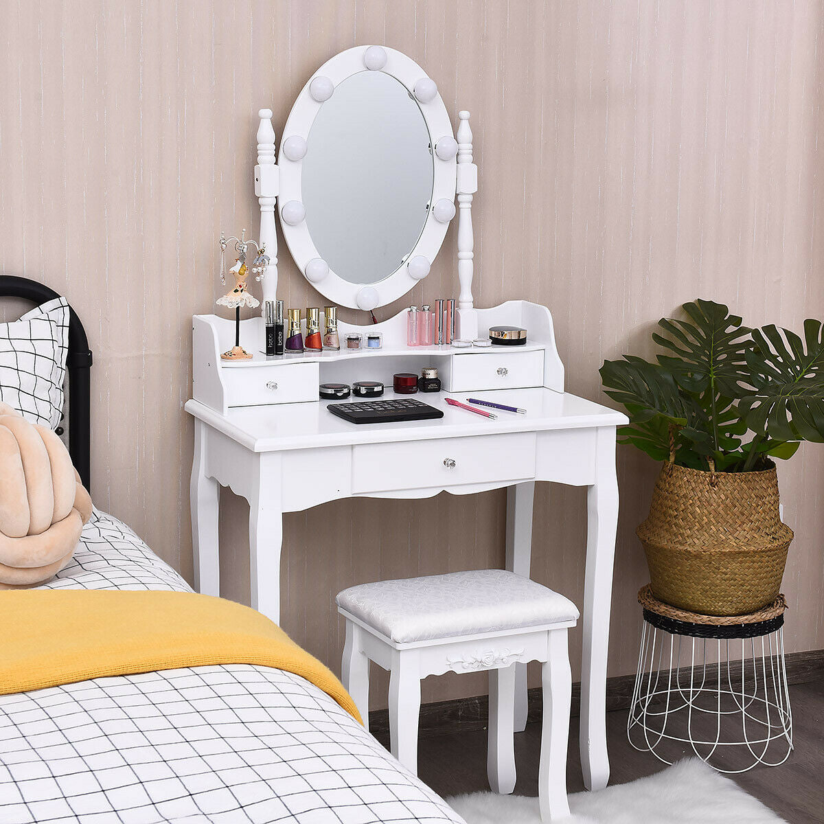 Vanity Set with Oval LED Mirror, 10 Dimmable Bulbs, Stool and 3 Drawers