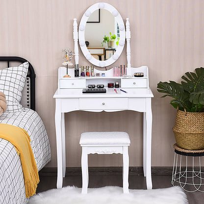 Vanity Set with Oval LED Mirror, 10 Dimmable Bulbs, Stool and 3 Drawers