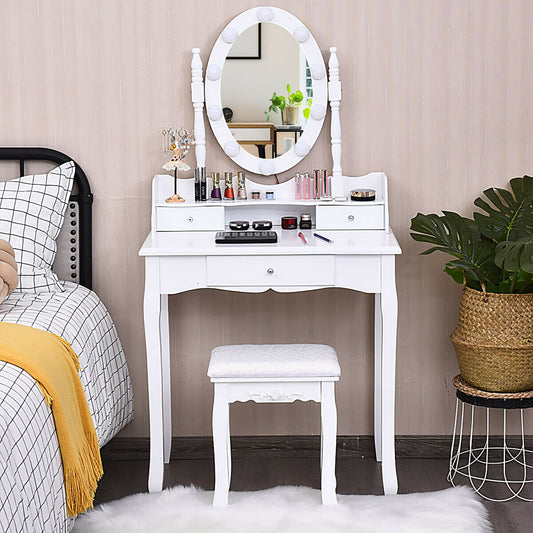 Vanity Set with Oval LED Mirror, 10 Dimmable Bulbs, Stool and 3 Drawers