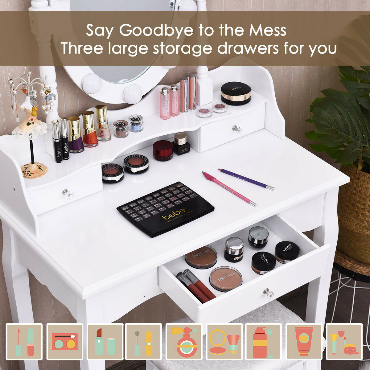 Vanity Set with Oval LED Mirror, 10 Dimmable Bulbs, Stool and 3 Drawers
