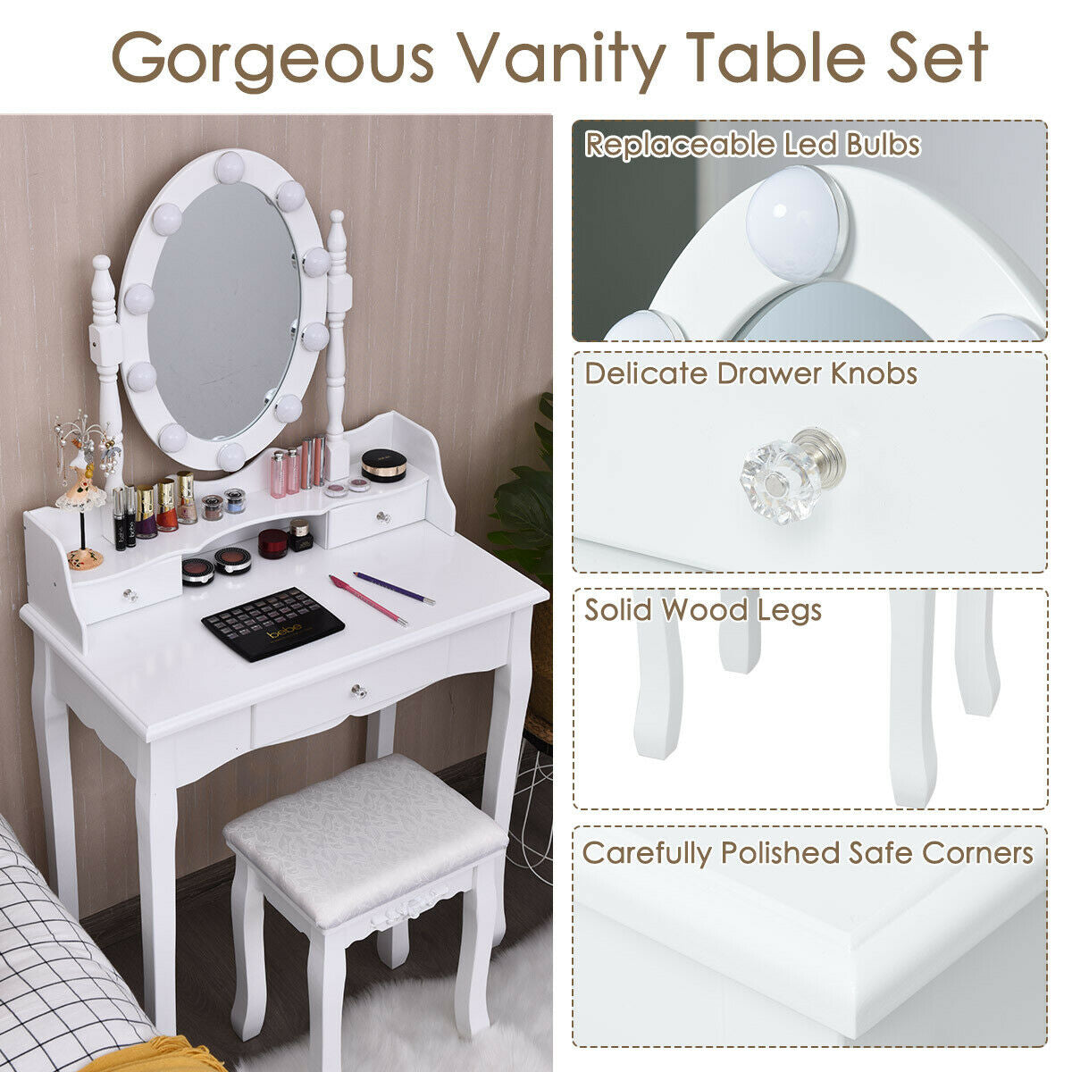 Vanity Set with Oval LED Mirror, 10 Dimmable Bulbs, Stool and 3 Drawers