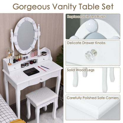 Vanity Set with Oval LED Mirror, 10 Dimmable Bulbs, Stool and 3 Drawers
