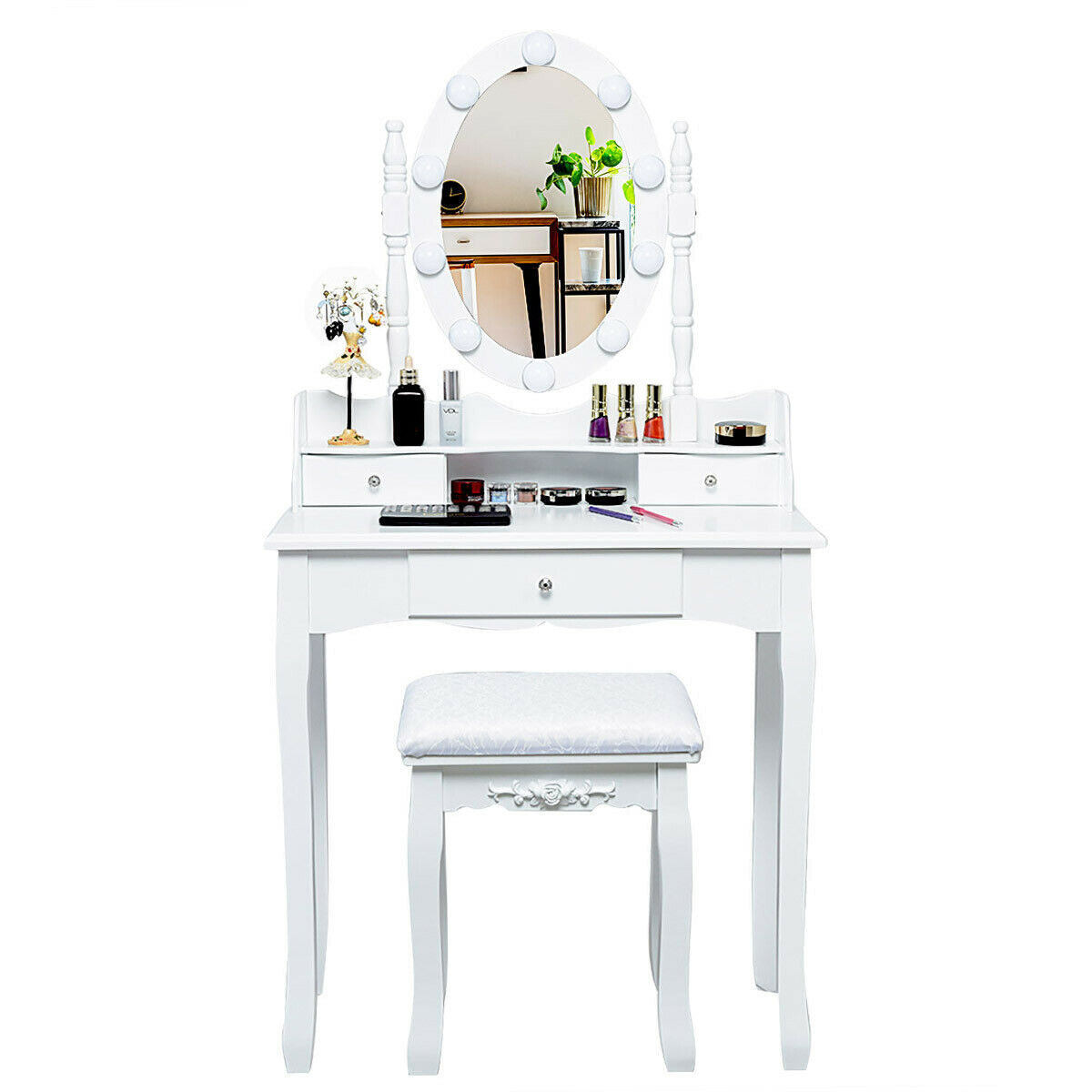 Vanity Set with Oval LED Mirror, 10 Dimmable Bulbs, Stool and 3 Drawers