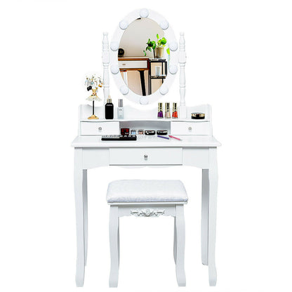 Vanity Set with Oval LED Mirror, 10 Dimmable Bulbs, Stool and 3 Drawers