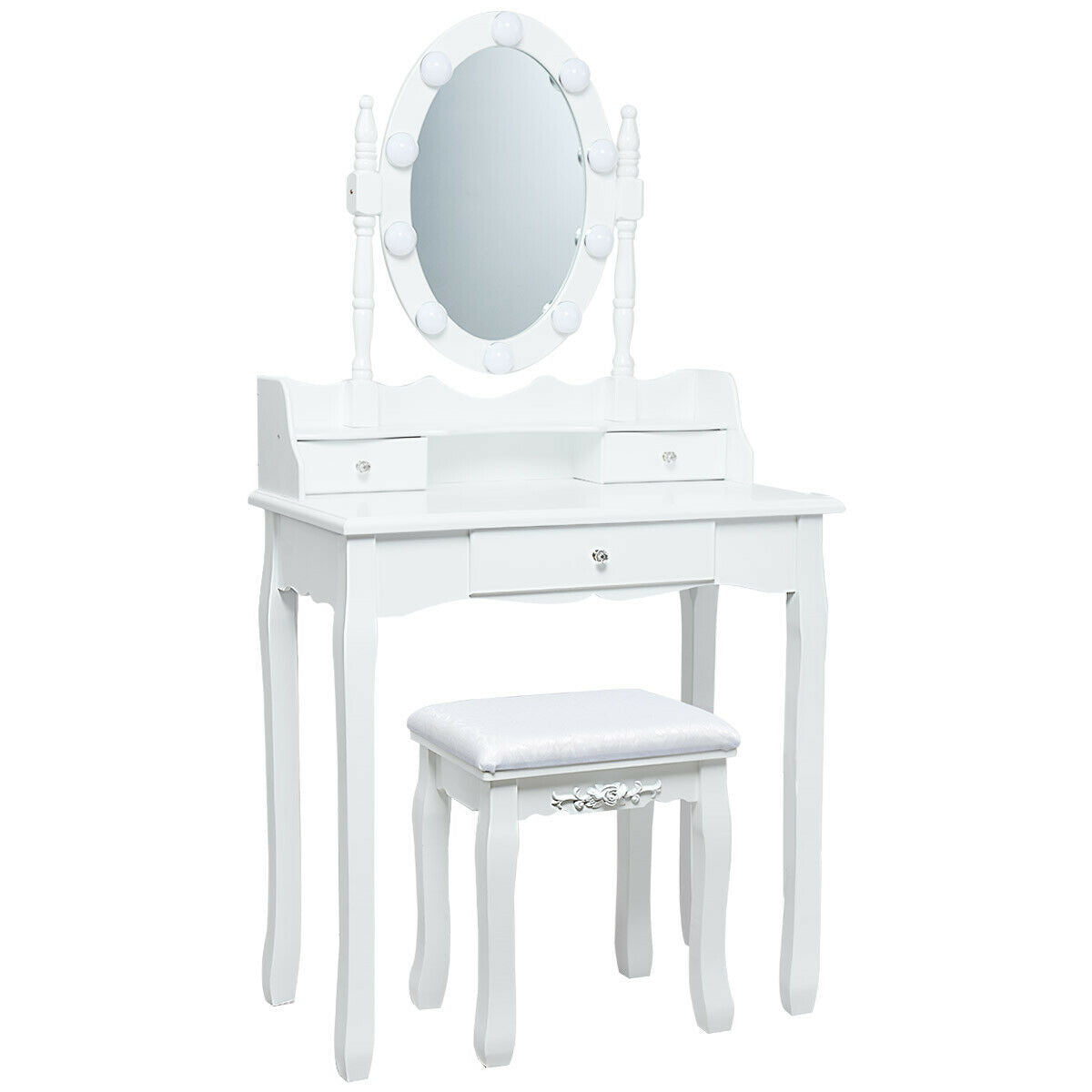 Vanity Set with Oval LED Mirror, 10 Dimmable Bulbs, Stool and 3 Drawers