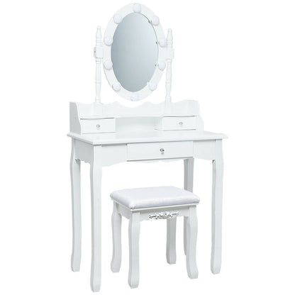 Vanity Set with Oval LED Mirror, 10 Dimmable Bulbs, Stool and 3 Drawers