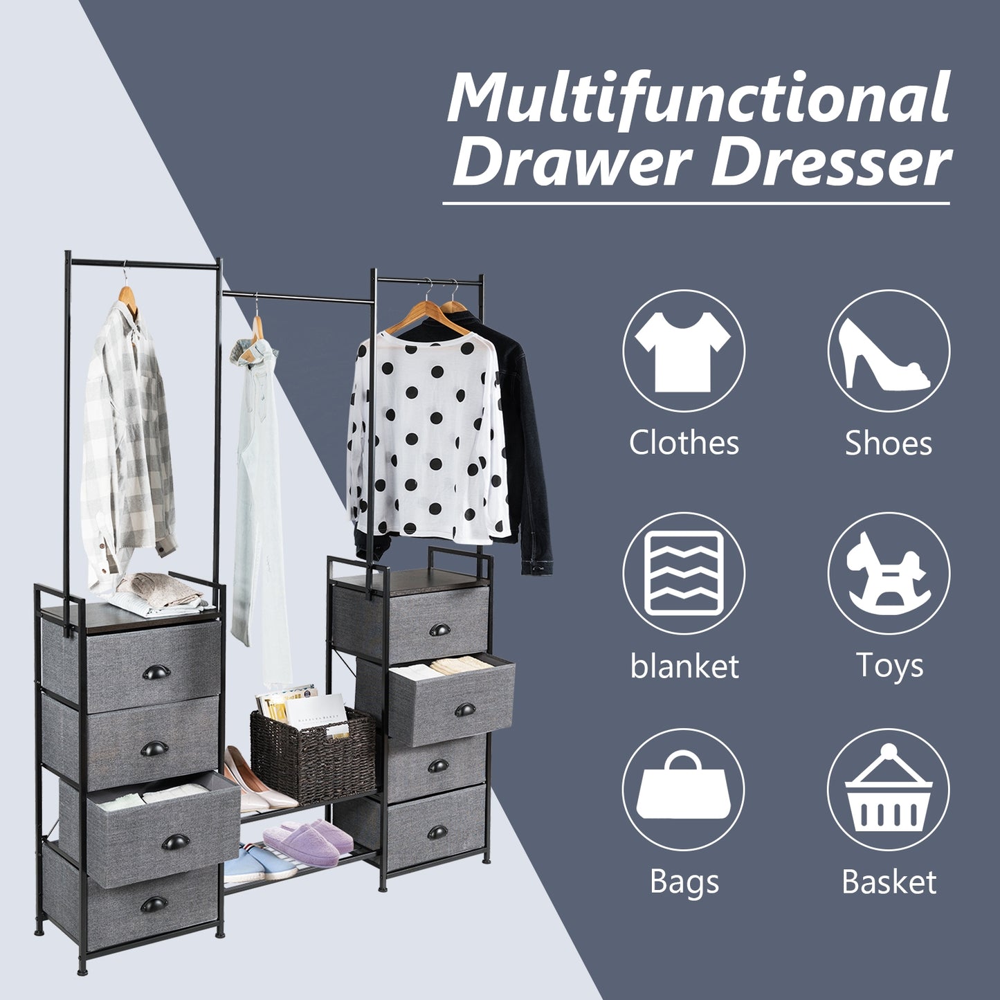 8-Drawer Multifunctional Dresser with Hanging Rod & Metal Storage Rack