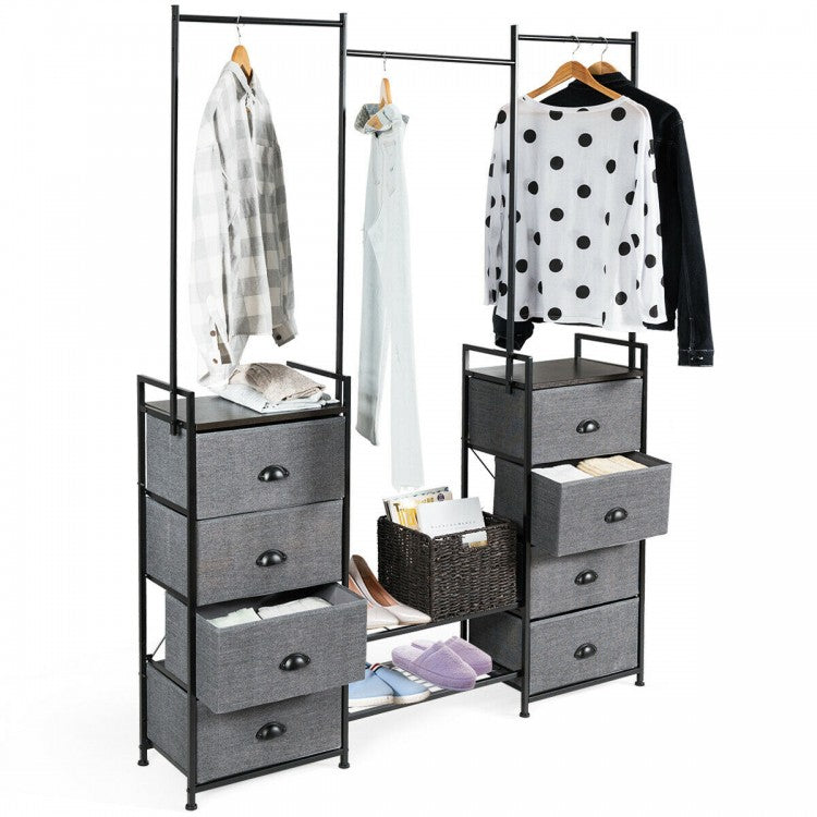 8-Drawer Multifunctional Dresser with Hanging Rod & Metal Storage Rack