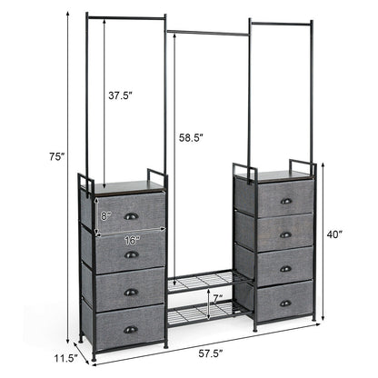 8-Drawer Multifunctional Dresser with Hanging Rod & Metal Storage Rack