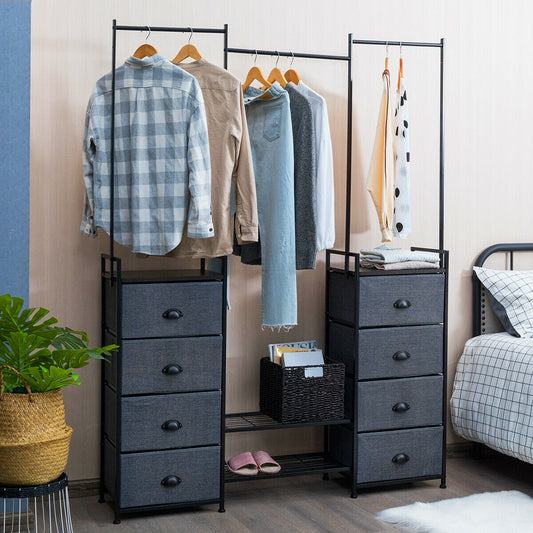 8-Drawer Multifunctional Dresser with Hanging Rod & Metal Storage Rack