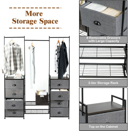 8-Drawer Multifunctional Dresser with Hanging Rod & Metal Storage Rack