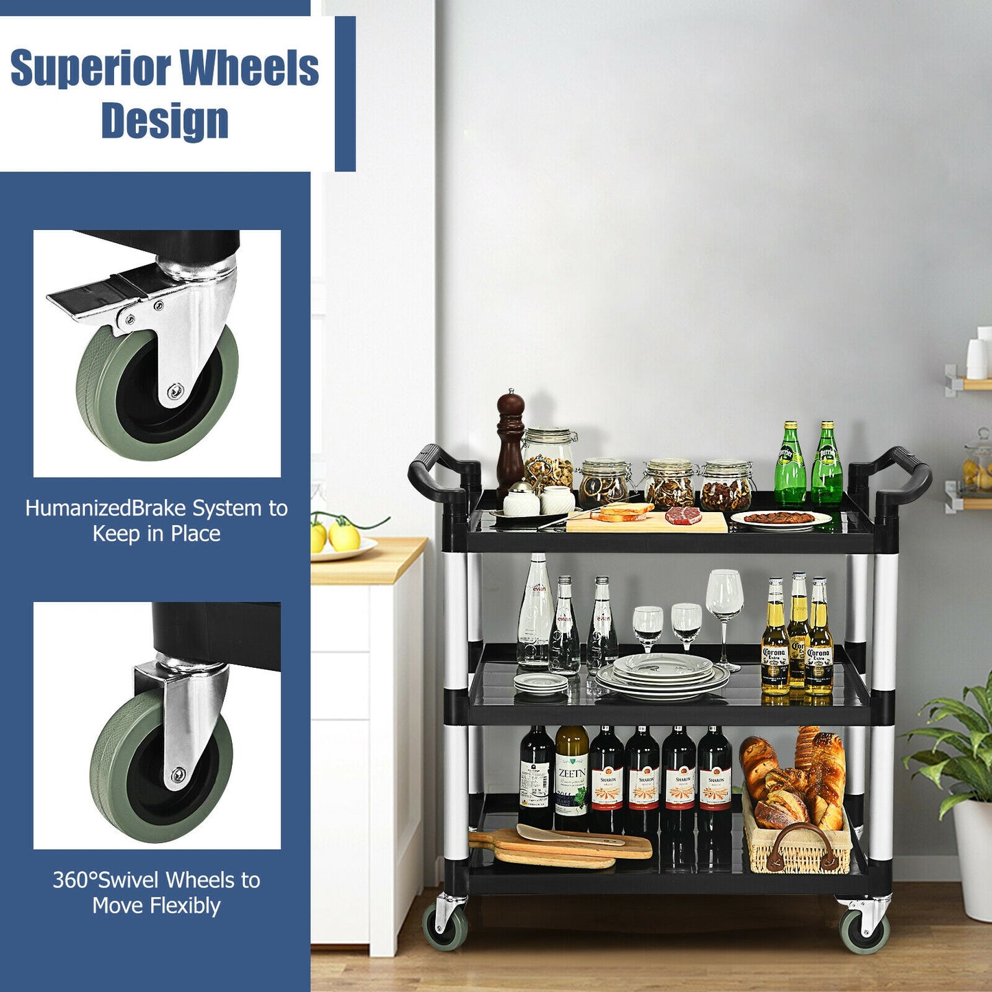 3-Tier Utility Cart with Durable Aluminum Frame and Lockable Wheels