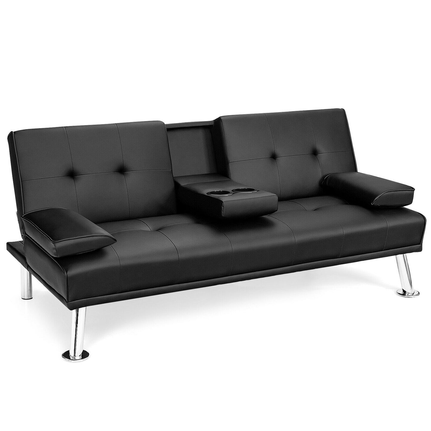 3-in-1 Convertible Leather Futon Sofa Bed with Cup Holders and Armrests – Black