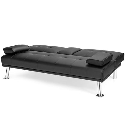 3-in-1 Convertible Leather Futon Sofa Bed with Cup Holders and Armrests – Black