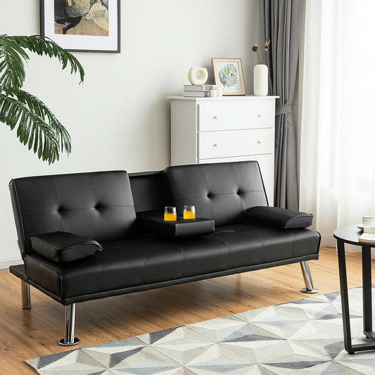 3-in-1 Convertible Leather Futon Sofa Bed with Cup Holders and Armrests – Black