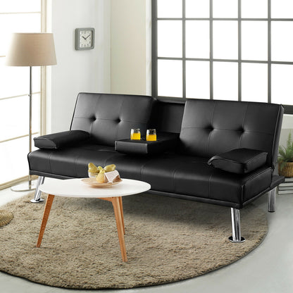 3-in-1 Convertible Leather Futon Sofa Bed with Cup Holders and Armrests – Black