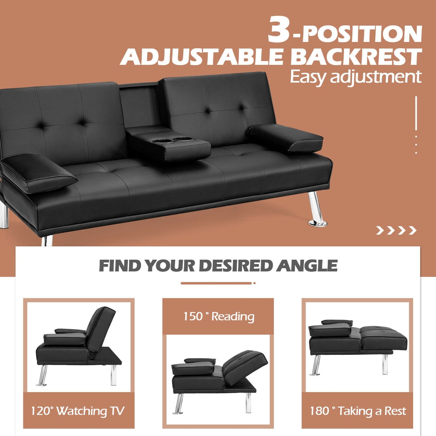 3-in-1 Convertible Leather Futon Sofa Bed with Cup Holders and Armrests – Black