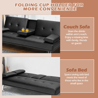 3-in-1 Convertible Leather Futon Sofa Bed with Cup Holders and Armrests – Black