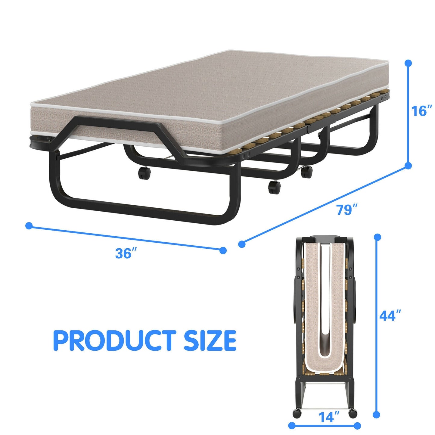 79 x 36 Inch Folding Rollaway Bed with 4" Memory Foam Mattress for Ultimate Comfort