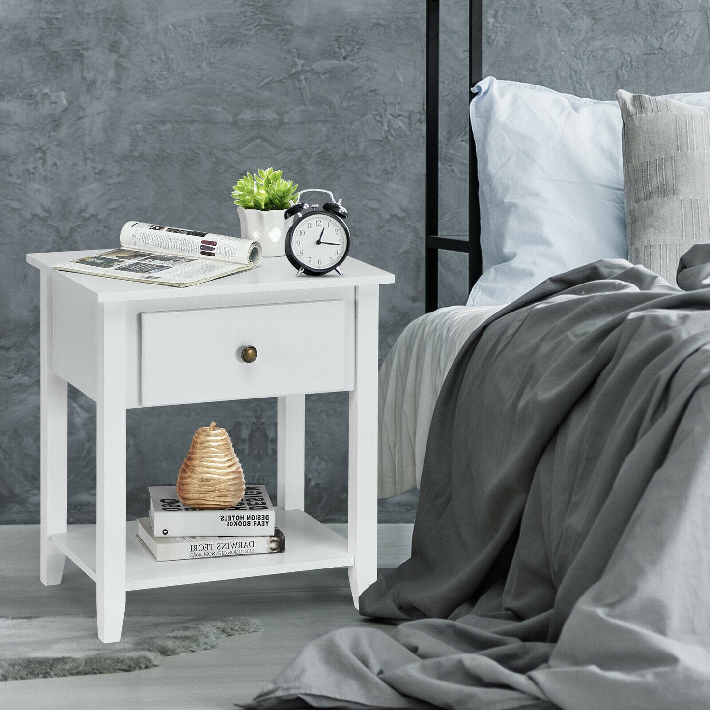 Versatile Bedside Table with Storage Drawer and Display Shelf White