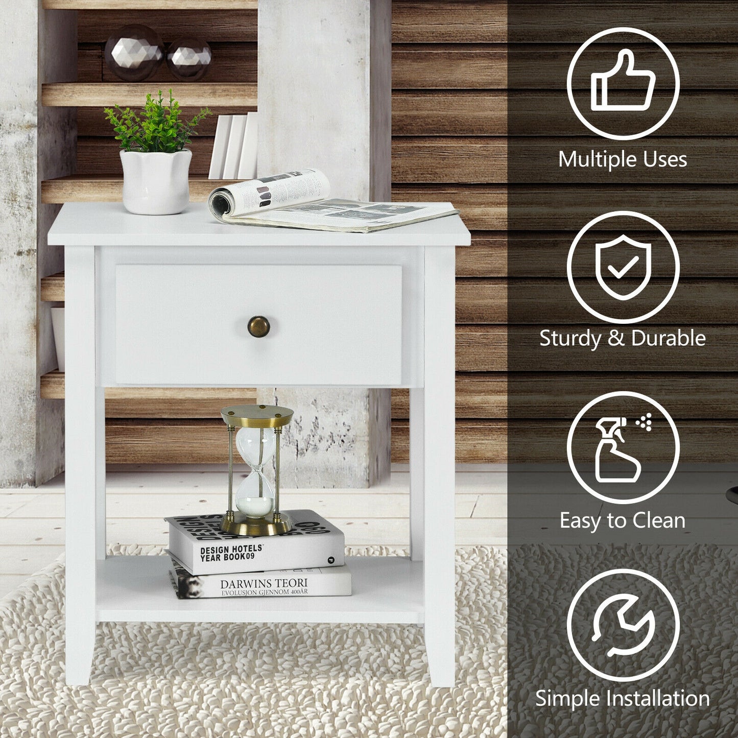 Versatile Bedside Table with Storage Drawer and Display Shelf White