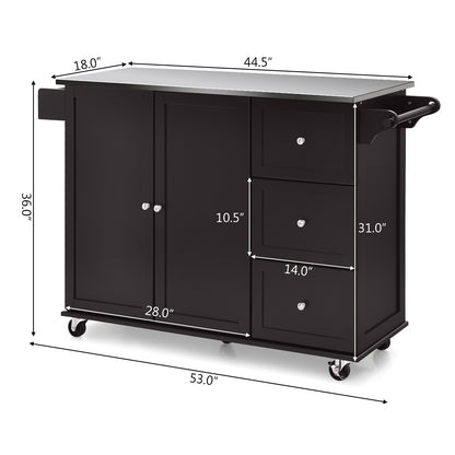 Kitchen Island with Stainless Steel Countertop 2-Door Cabinet and Drawers for Storage - Dark Brown