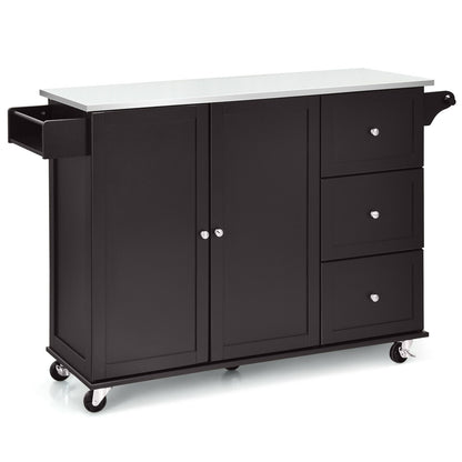 Kitchen Island with Stainless Steel Countertop 2-Door Cabinet and Drawers for Storage - Dark Brown