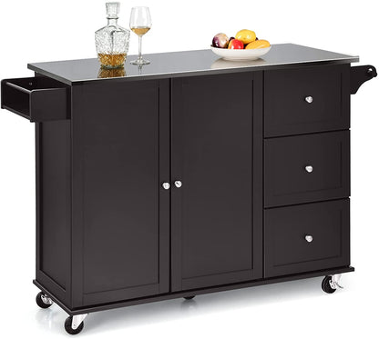 Kitchen Island with Stainless Steel Countertop 2-Door Cabinet and Drawers for Storage - Dark Brown