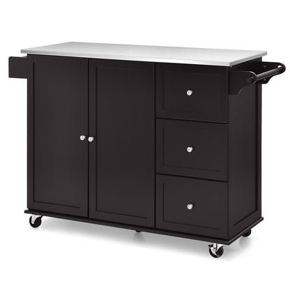 Kitchen Island with Stainless Steel Countertop 2-Door Cabinet and Drawers for Storage - Dark Brown