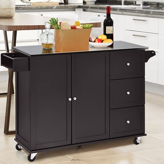 Kitchen Island with Stainless Steel Countertop 2-Door Cabinet and Drawers for Storage - Dark Brown