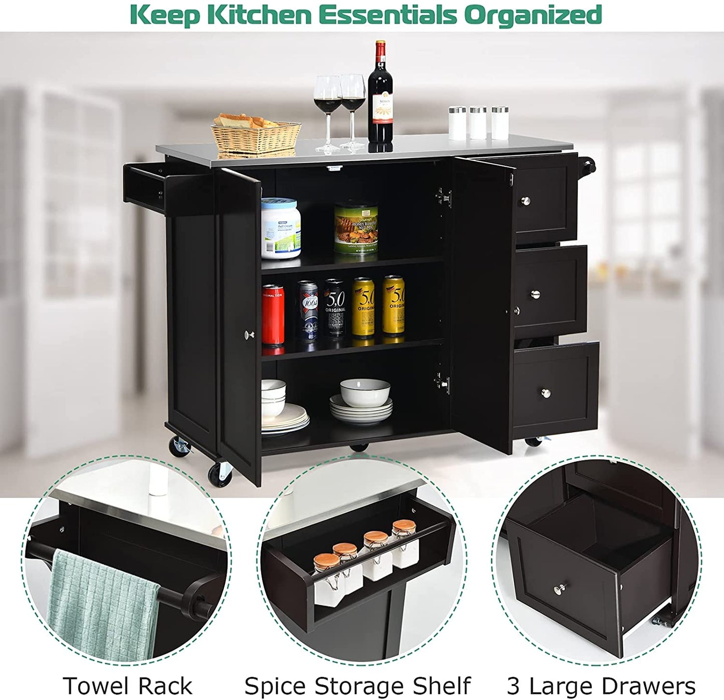 Kitchen Island with Stainless Steel Countertop 2-Door Cabinet and Drawers for Storage - Dark Brown