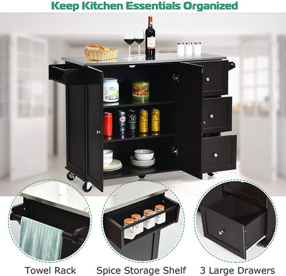 Kitchen Island with Stainless Steel Countertop 2-Door Cabinet and Drawers for Storage - Dark Brown