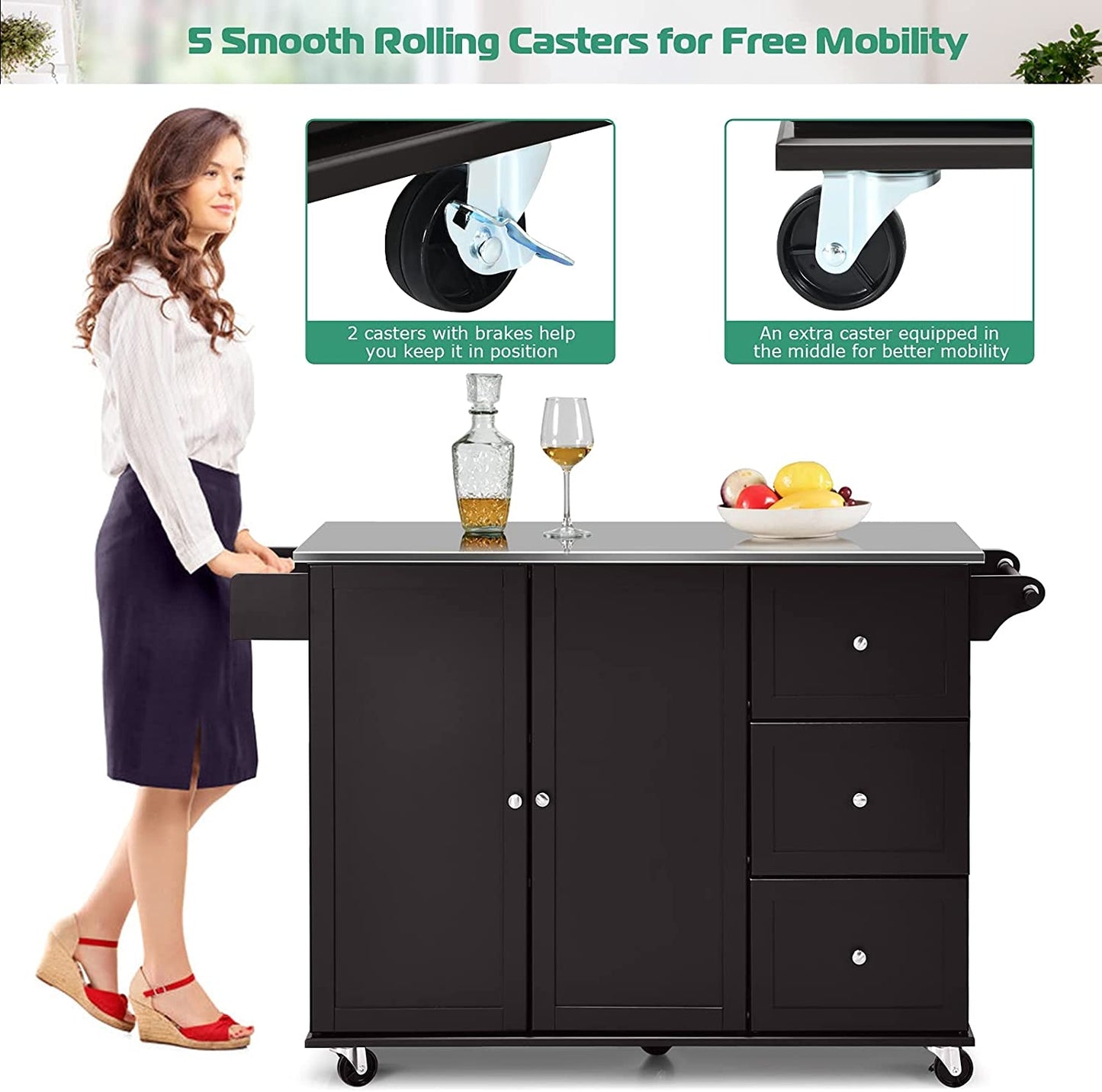 Kitchen Island with Stainless Steel Countertop 2-Door Cabinet and Drawers for Storage - Dark Brown